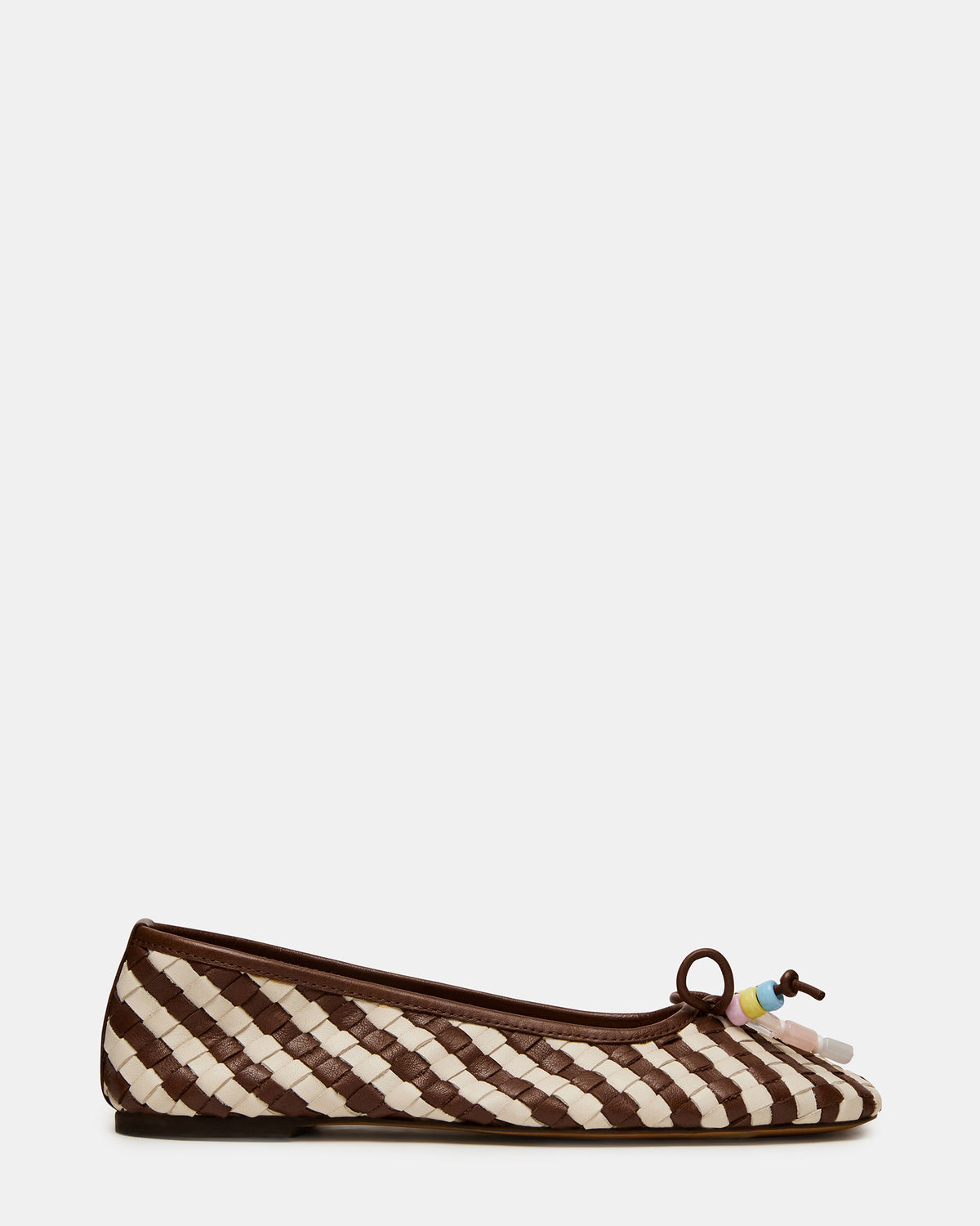 DIVY White/Brown Leather Woven Bow Ballet Round-Toe Women's Flat