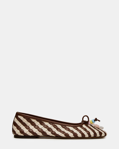 DIVY White/Brown Leather Woven Bow Ballet Round-Toe Women's Flat