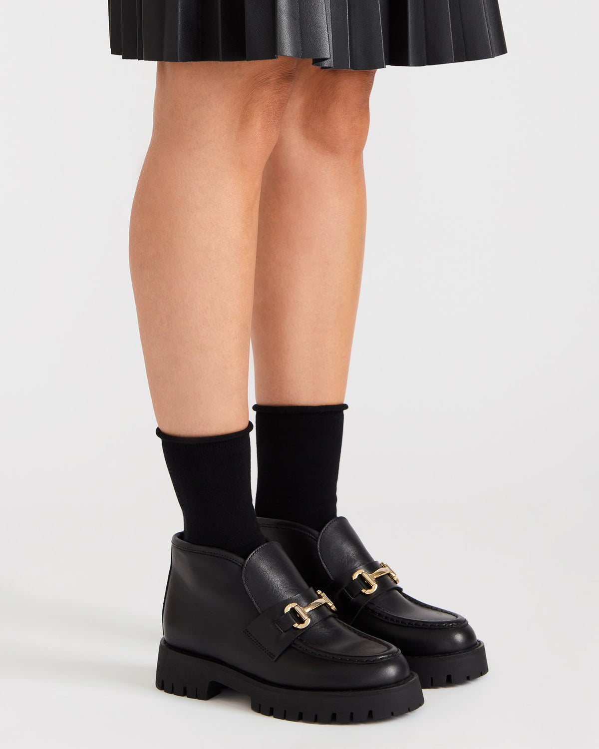 LEON Black Leather Platform Lug Sole Women's Loafer