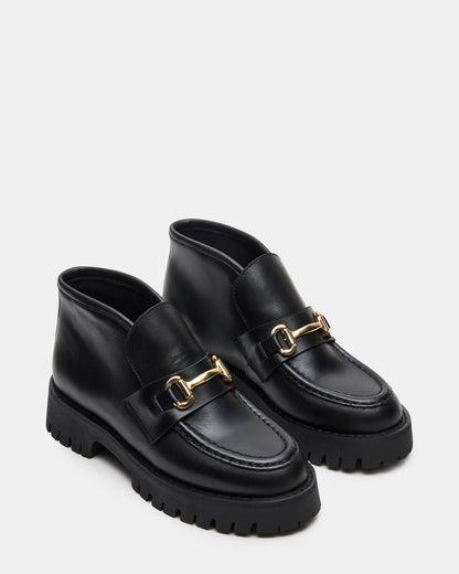 LEON Black Leather Platform Lug Sole Women's Loafer