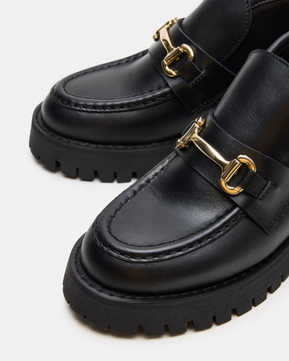 LEON Black Leather Platform Lug Sole Women's Loafer