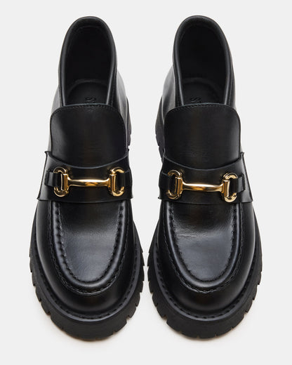 LEON Black Leather Platform Lug Sole Women's Loafer