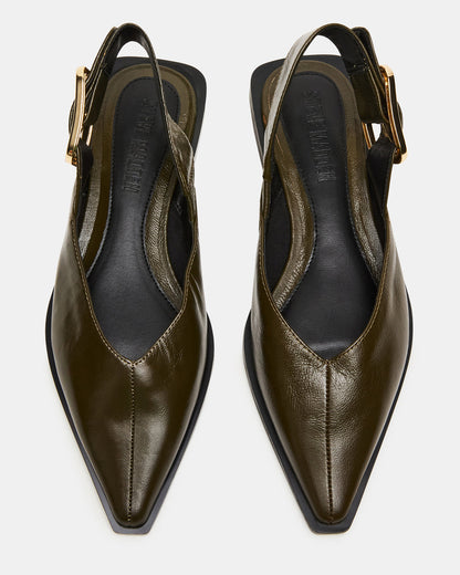 SHAY Olive Leather Pointed-Toe Slingback Ballet Women's Flat