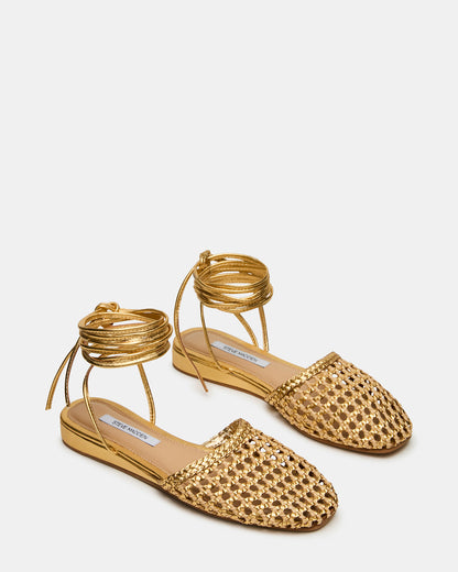 FLUTTER Gold Woven Mule Leg-Ties Strappy Women's Flat