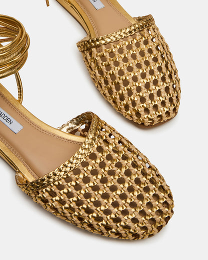 FLUTTER Gold Woven Mule Leg-Ties Strappy Women's Flat