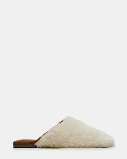 PEARSON Faux Fur Cream Rounded-Toe Slip-On Women's Flat