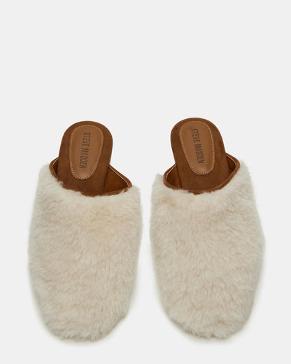 PEARSON Faux Fur Cream Rounded-Toe Slip-On Women's Flat