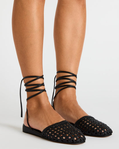 FLUTTER Black Leather Woven Mule Leg-Ties Strappy Women's Flat