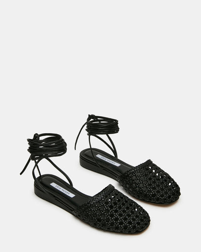 FLUTTER Black Leather Woven Mule Leg-Ties Strappy Women's Flat