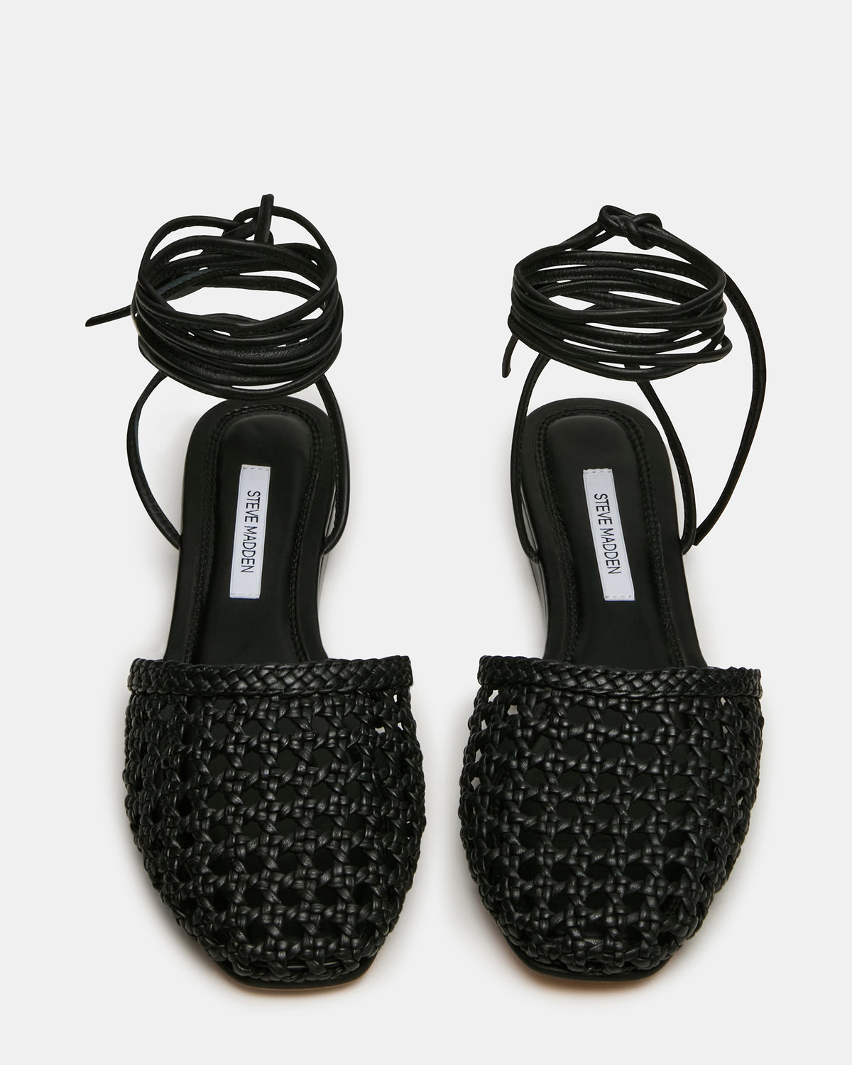 FLUTTER Black Leather Woven Mule Leg-Ties Strappy Women's Flat