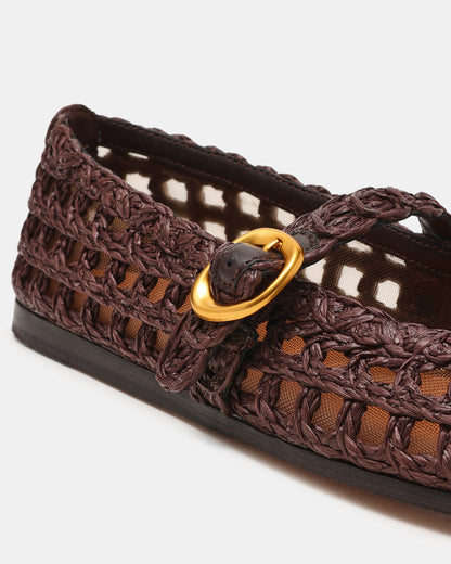 MELODY Brown Raffia Mary Jane Woven Buckle Round-Toe Women's Flat