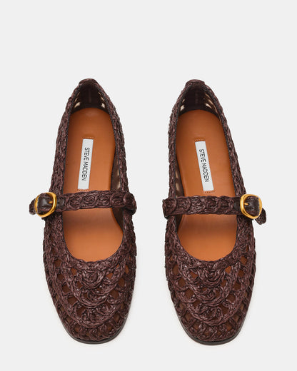 MELODY Brown Raffia Mary Jane Woven Buckle Round-Toe Women's Flat