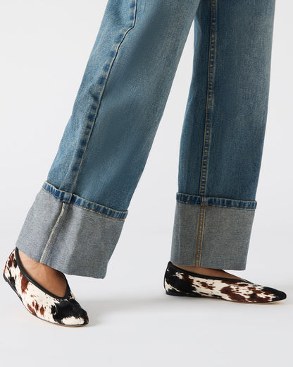 LENI Brown Cow Print Square-Toe Ballet Women's Flat