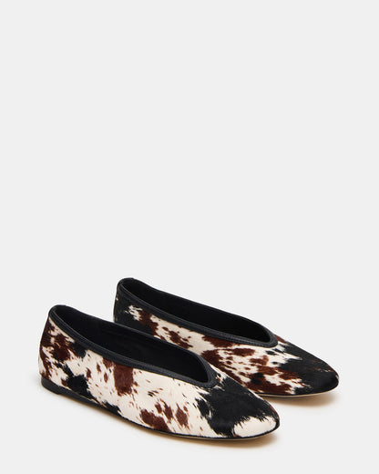 LENI Brown Cow Print Square-Toe Ballet Women's Flat