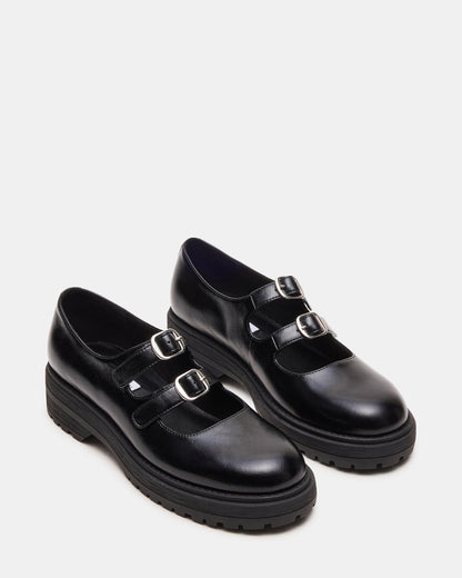 ALBA Black Leather Platform Lug Mary Jane Women's Loafer