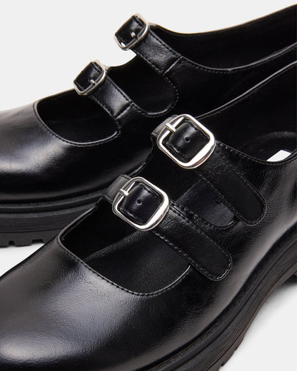 ALBA Black Leather Platform Lug Mary Jane Women's Loafer