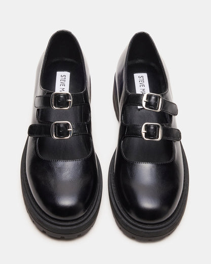 ALBA Black Leather Platform Lug Mary Jane Women's Loafer