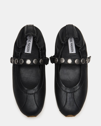 ANAYA Black Leather Studs Mary Jane Ballet Women's Flat