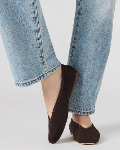 LENI Brown Suede Square-Toe Ballet Women's Flat