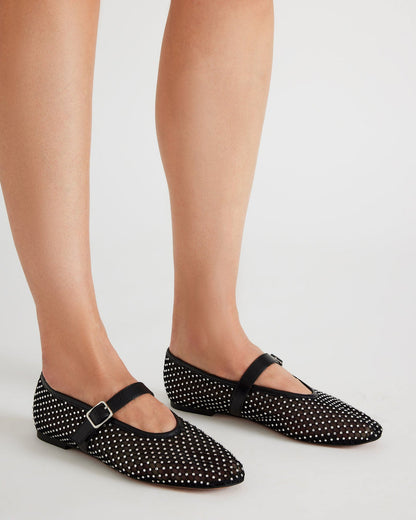 DREAMING Black Mesh Rhinestone Mary Jane | Women's Flats