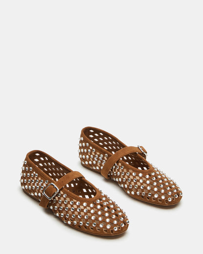 DREAMING Chestnut Suede Rhinestones Women's Mary Jane Flats