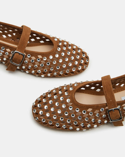 DREAMING Chestnut Suede Rhinestones Women's Mary Jane Flats
