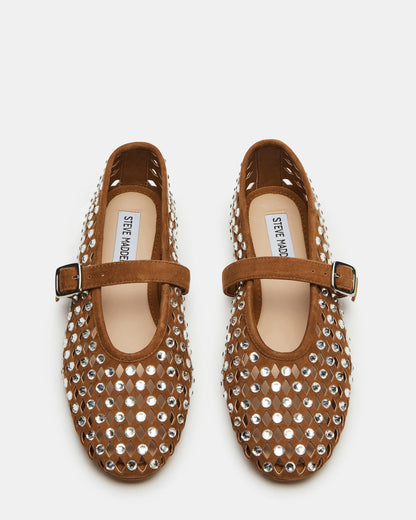 DREAMING Chestnut Suede Rhinestones Women's Mary Jane Flats