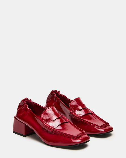 ESTEE Red Crinkle Patent Square-Toe Heeled Women's Loafer