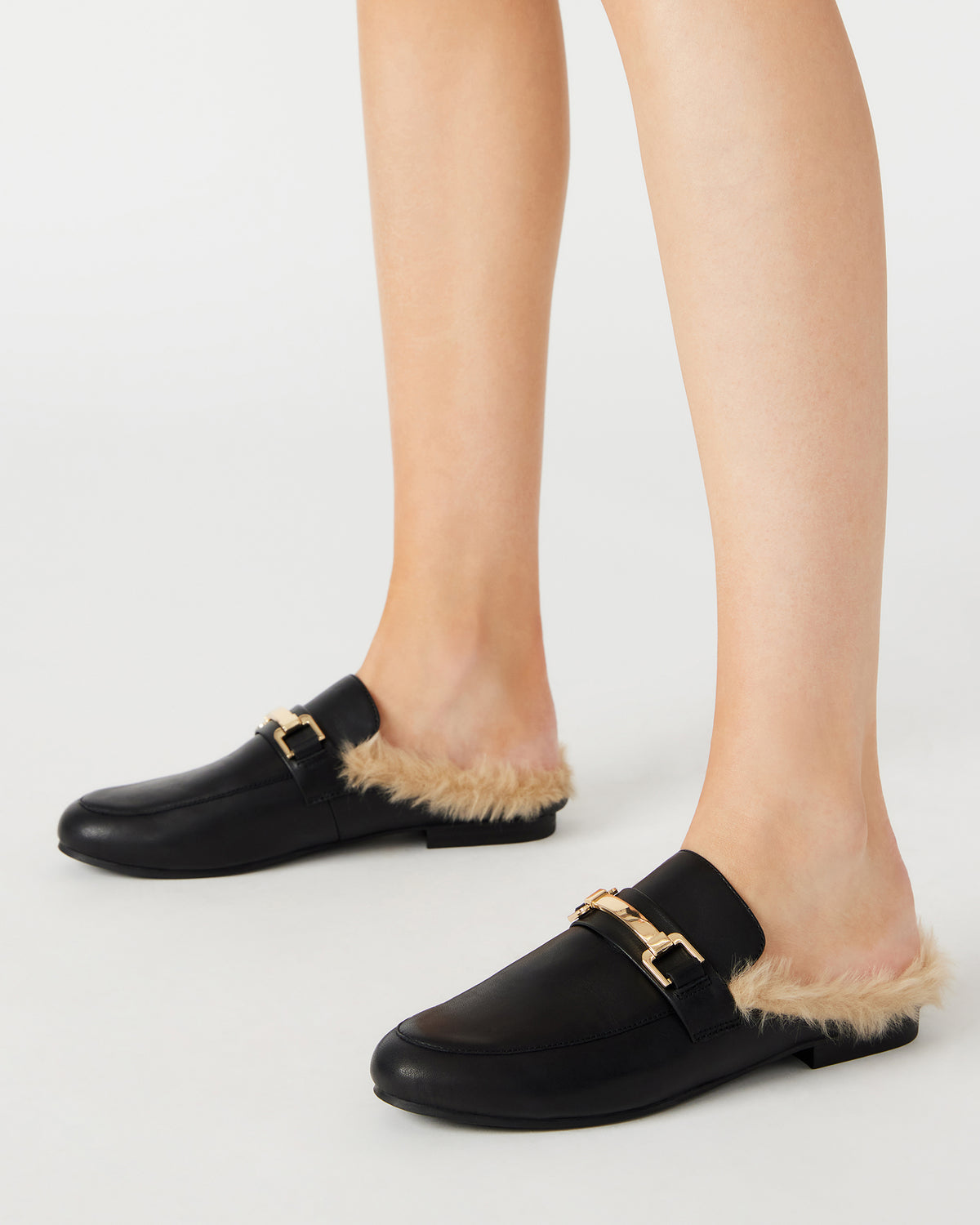 KHLOE Black Leather Women's Faux Fur Mule