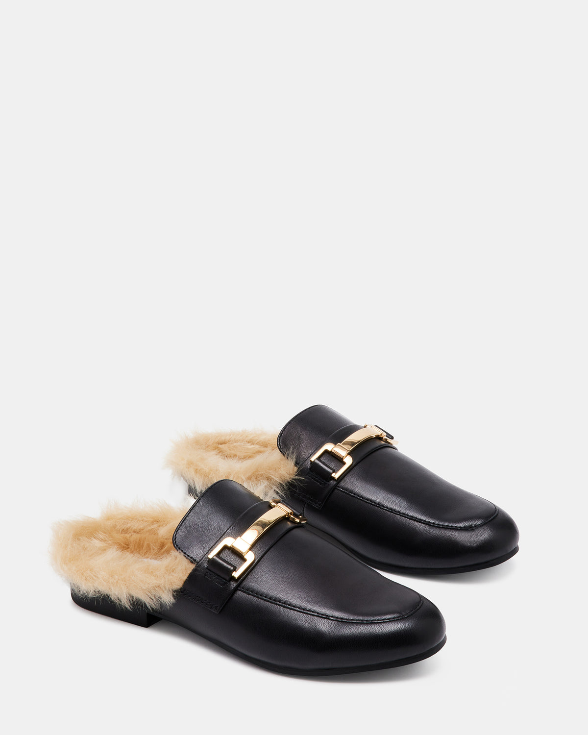 KHLOE Black Leather Women's Faux Fur Mule
