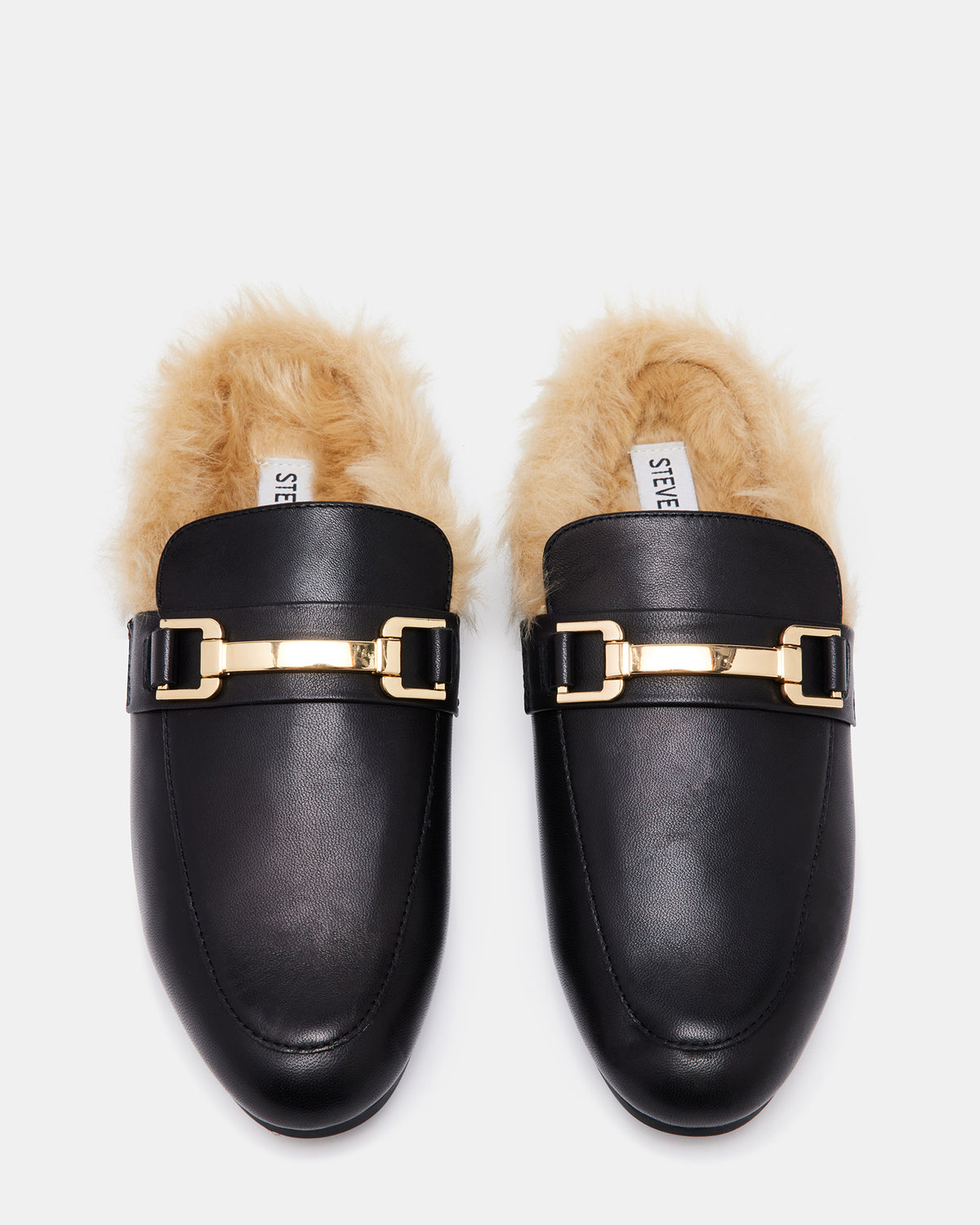 KHLOE Black Leather Women's Faux Fur Mule