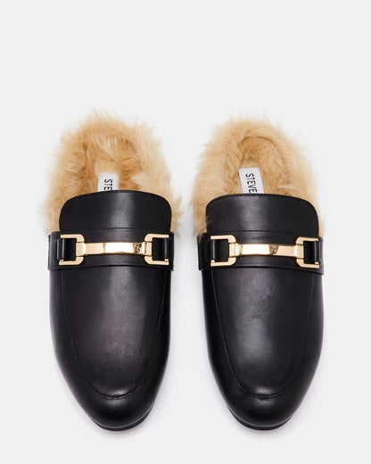 KHLOE Black Leather Women's Faux Fur Mule