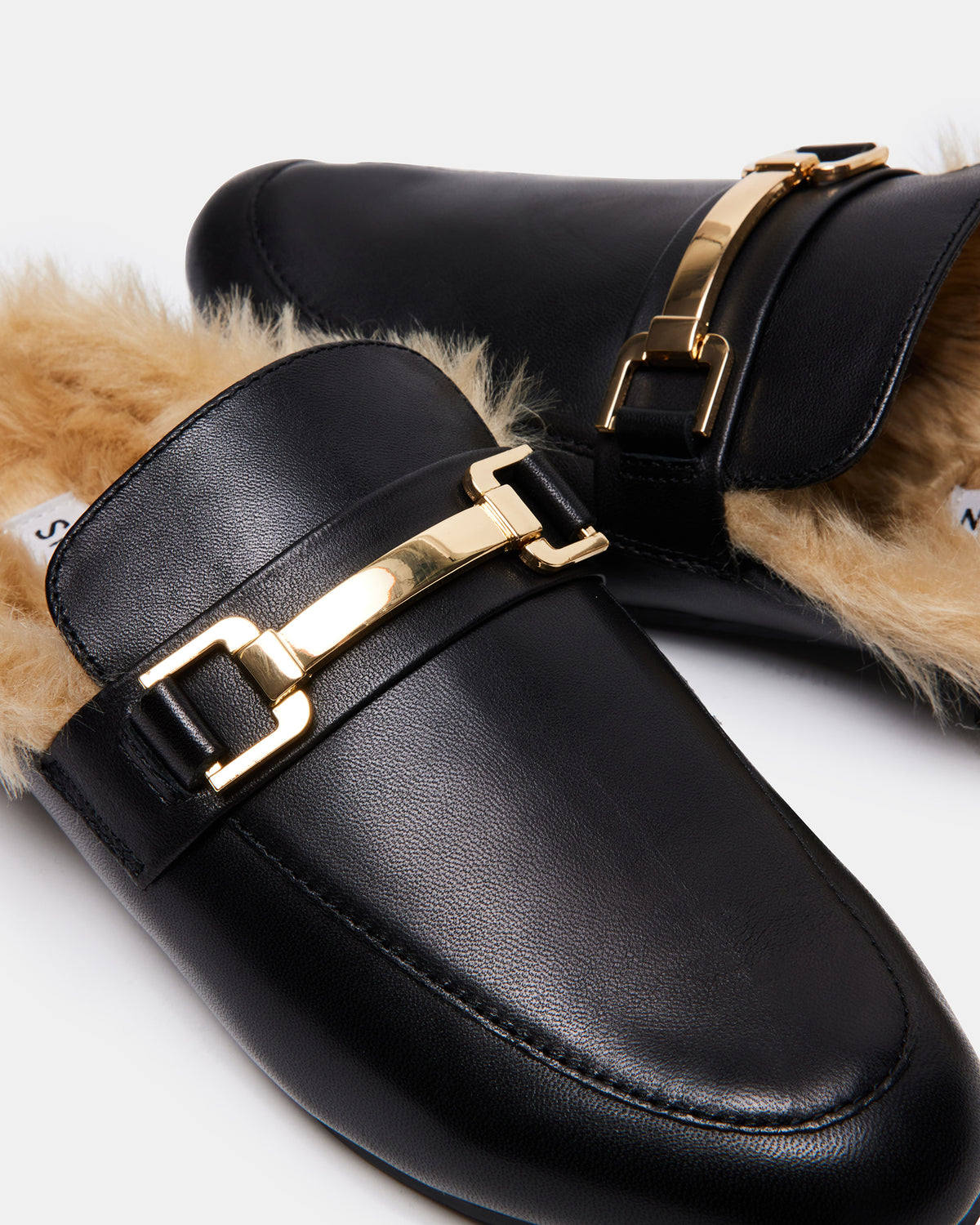 KHLOE Black Leather Women's Faux Fur Mule