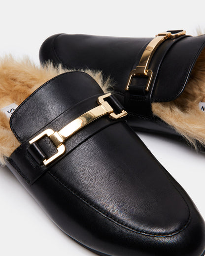 KHLOE Black Leather Women's Faux Fur Mule