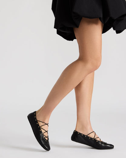 POINTE Black Leather Women's Ballet Square-Toe Flat