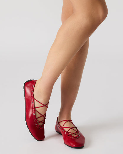 POINTE Red Leather Women's Ballet Square-Toe Flat