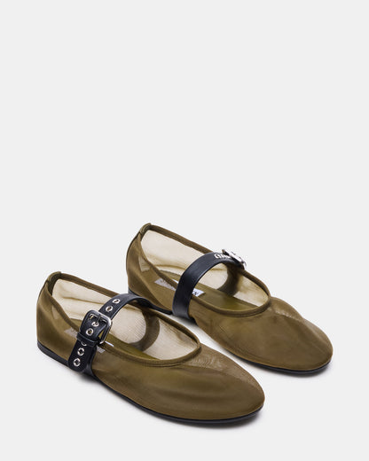 MITSY Olive/Black Mary Jane Mesh Ballet Women's Flat