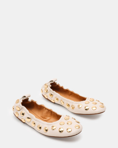 LANTA White Leather Studded Gold-Detail Round-Toe Women's Flat