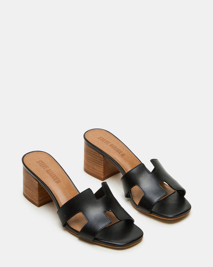 HANA Black Leather Square-Toe Mule Block Heel Women's Sandal