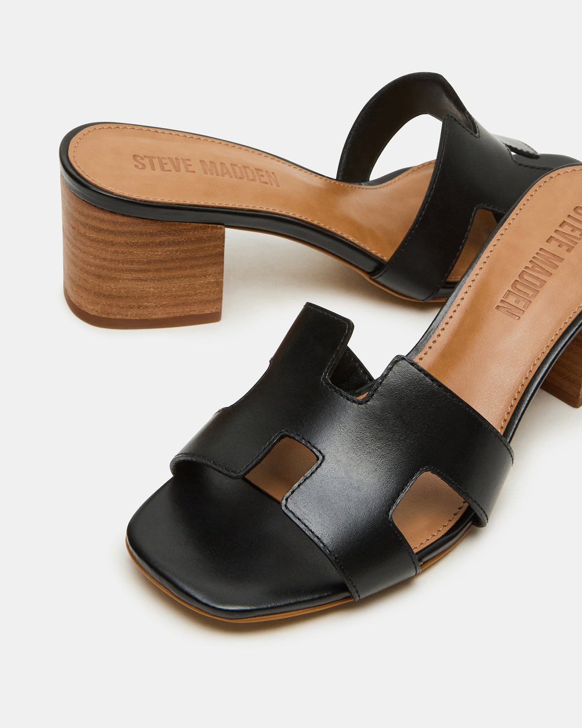 HANA Black Leather Square-Toe Mule Block Heel Women's Sandal