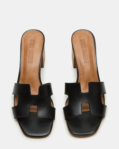 HANA Black Leather Square-Toe Mule Block Heel Women's Sandal