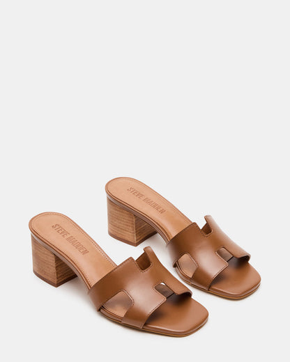 HANA Cognac Leather Square-Toe Mule Block Heel Women's Sandal