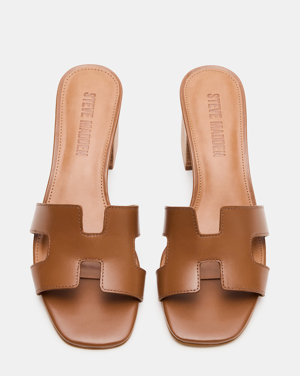 HANA Cognac Leather Square-Toe Mule Block Heel Women's Sandal