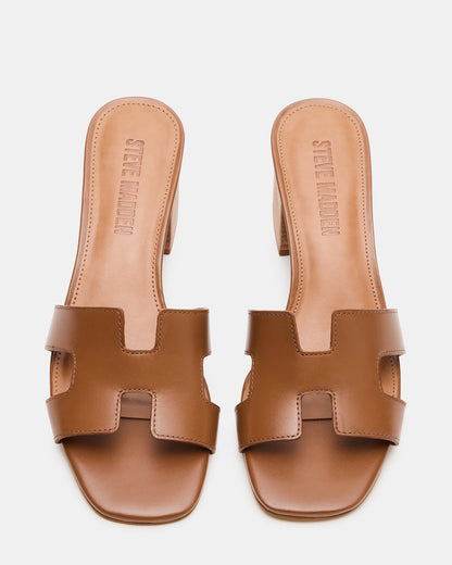 HANA Cognac Leather Square-Toe Mule Block Heel Women's Sandal