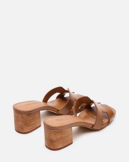 HANA Cognac Leather Square-Toe Mule Block Heel Women's Sandal