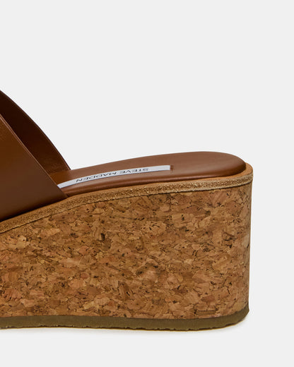 HARMONY Cognac Leather Wedge Mule Cork Platform Women's Sandal