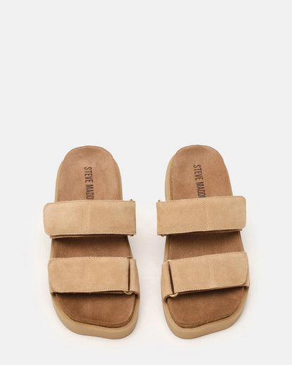 LUTHER Taupe Suede Velcro Strap Slip-On Square-Toe Women's Sandals