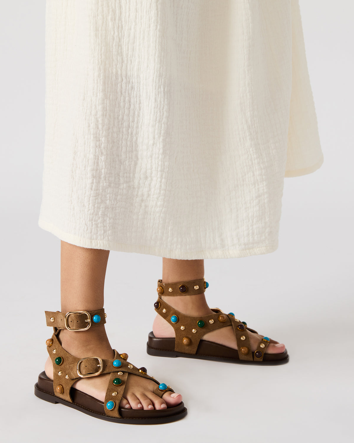 LINEAR Taupe Suede Strappy Footbed Studded Women's Sandal