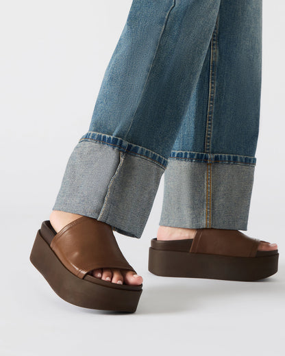 ARWEN Brown Leather Women's Platform Footbed Slide Chunky Sandal