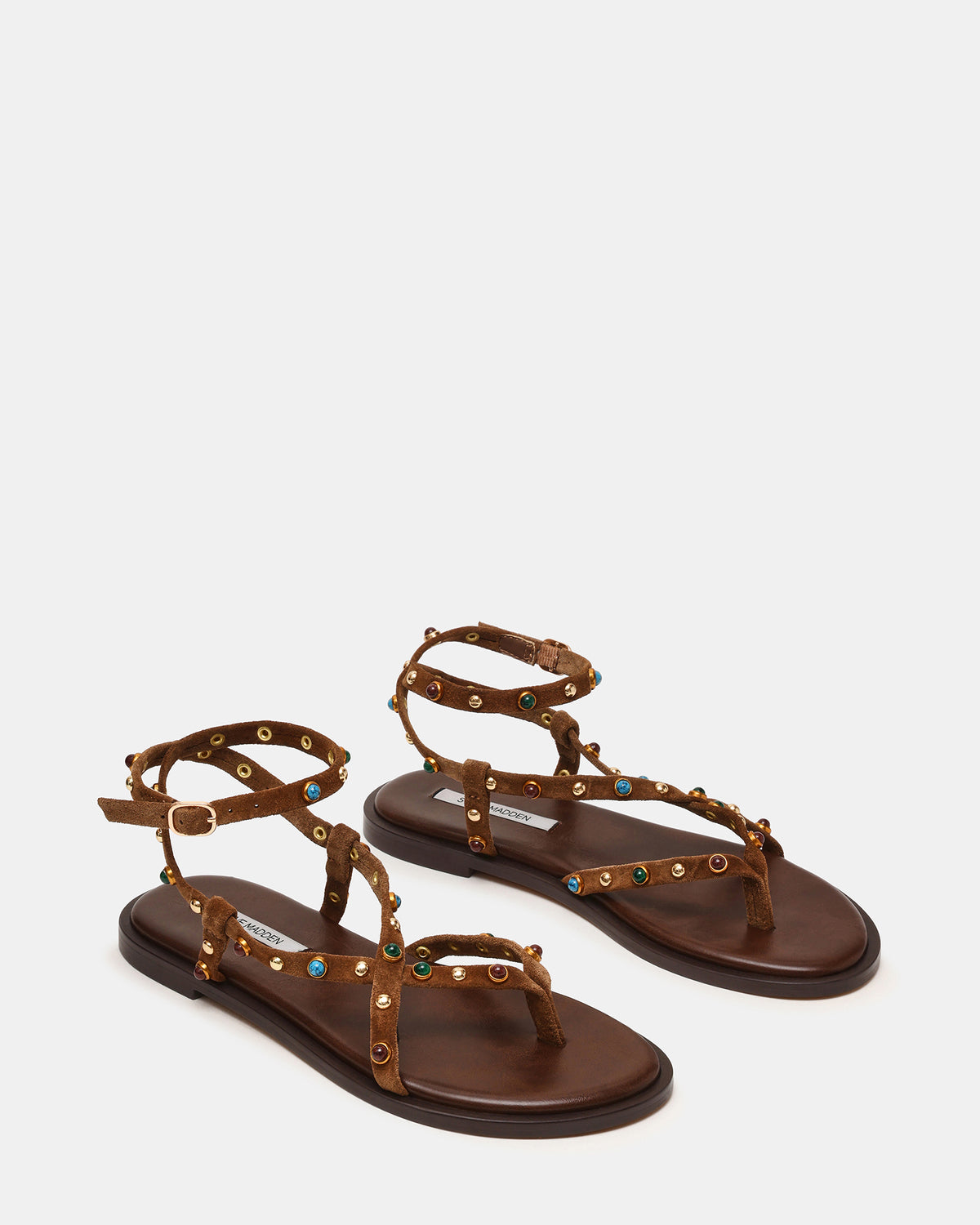 MATHIS Tan Suede Studded Embellished Strappy Thong Women's Sandal